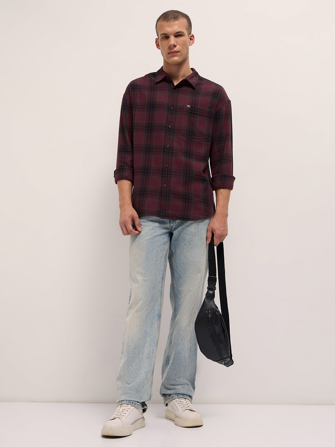 Men Maroon Tartan Checked Relaxed Fit Overshirt
