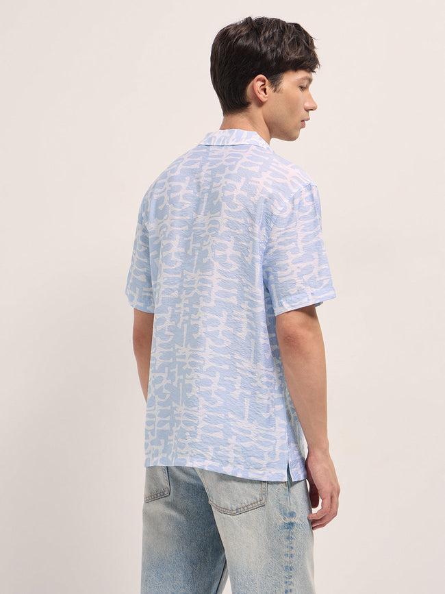 Men Light Blue Abstract Brush Stroke Print Relaxed Fit Cuban Collar Shirt