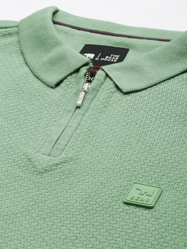 Men Ardor Edition Green Solid Pure Cotton Self Design Polo Collar Slim Fit T-shirt