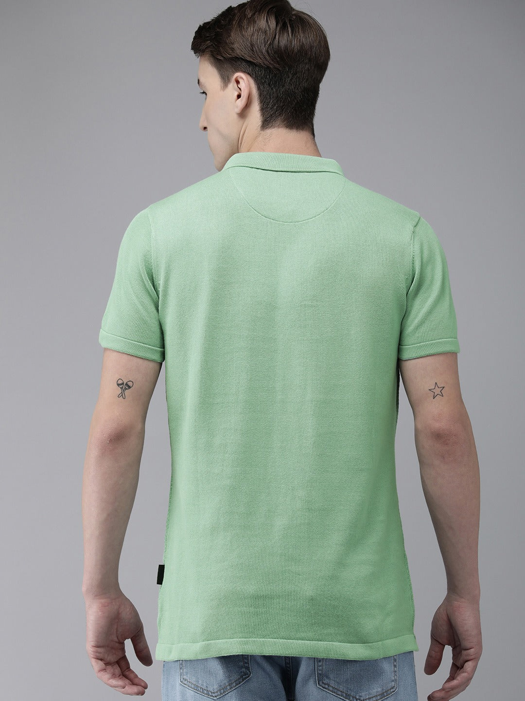 Men Ardor Edition Green Solid Pure Cotton Self Design Polo Collar Slim Fit T-shirt