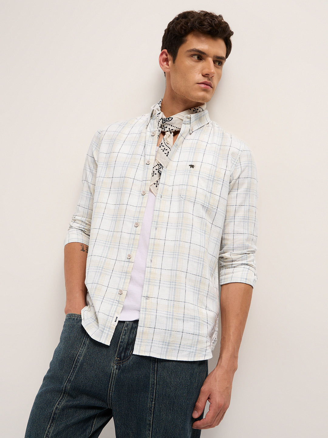 Men Cream Checked Shirt