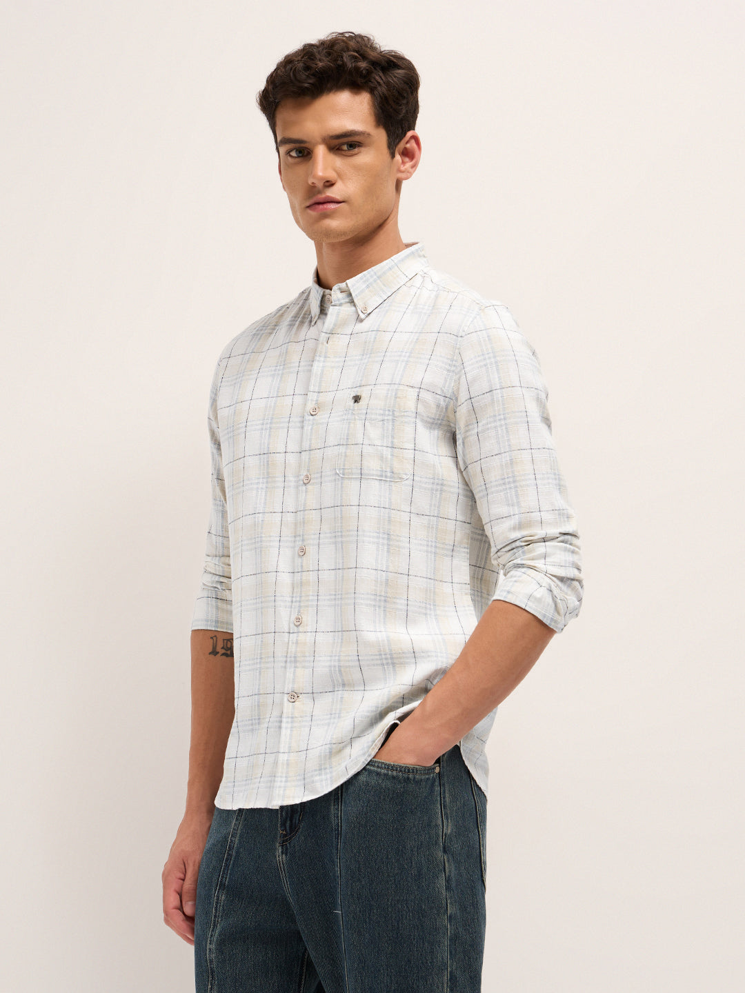 Men Cream Checked Shirt