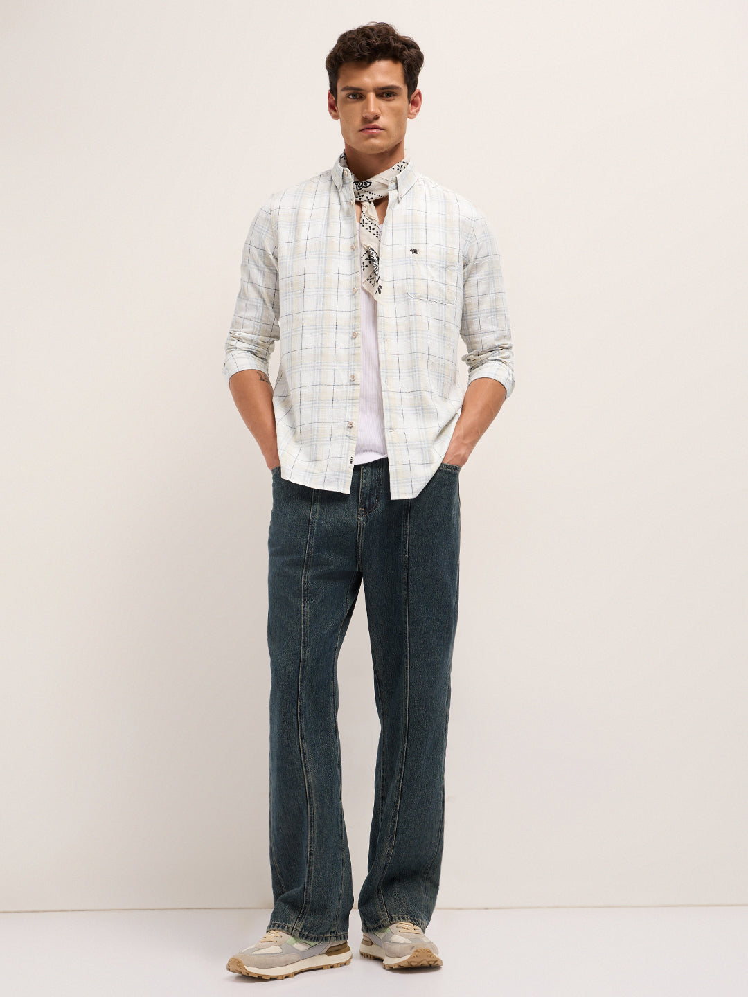 Men Cream Checked Shirt