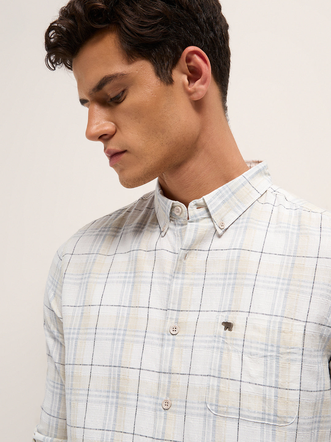 Men Cream Checked Shirt