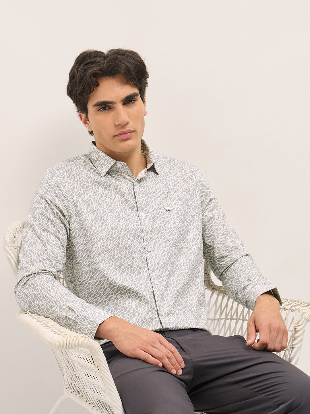 Men Light Grey Geometric Printed Tailored Fit Formal Shirt