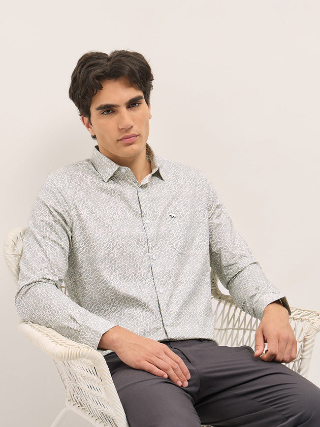 Men Light Grey Geometric Printed Tailored Fit Formal Shirt