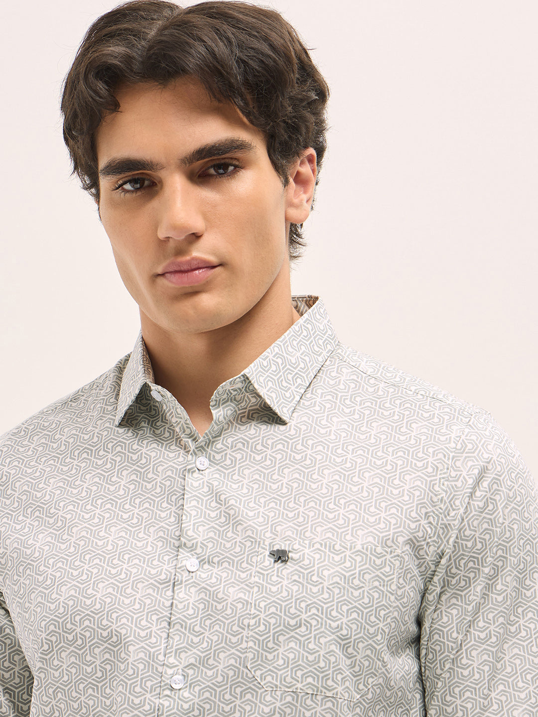 Men Light Grey Geometric Printed Tailored Fit Formal Shirt