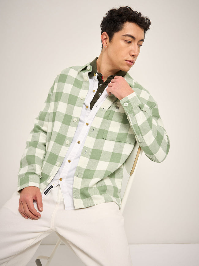 Men Green Checked Relaxed Fit Shacket
