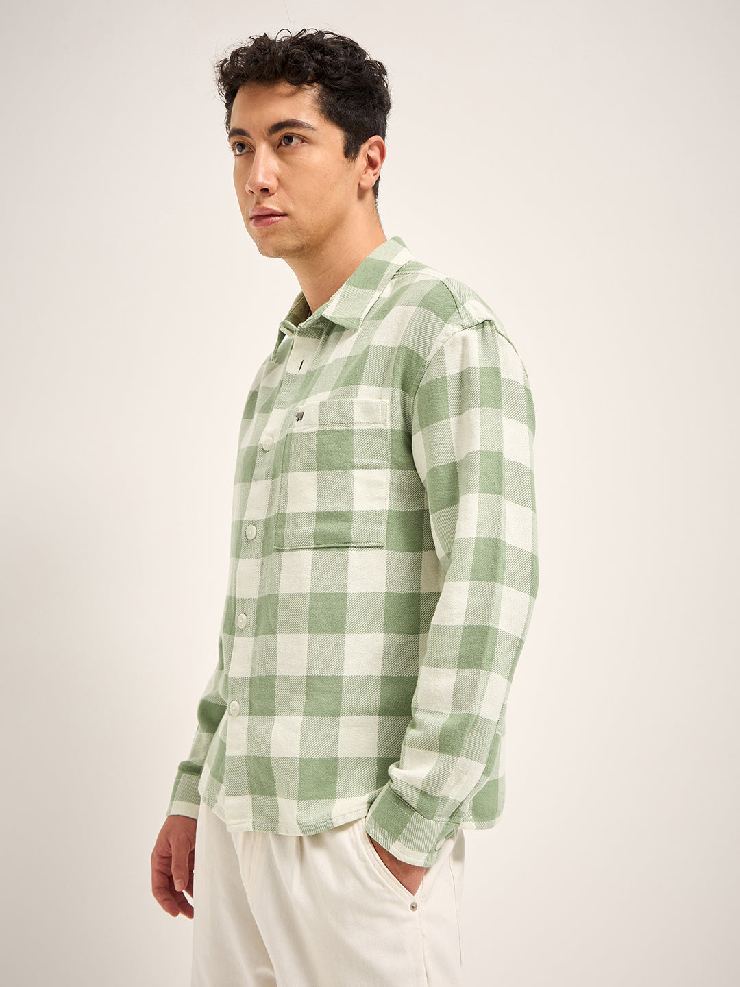 Men Green Checked Relaxed Fit Shacket