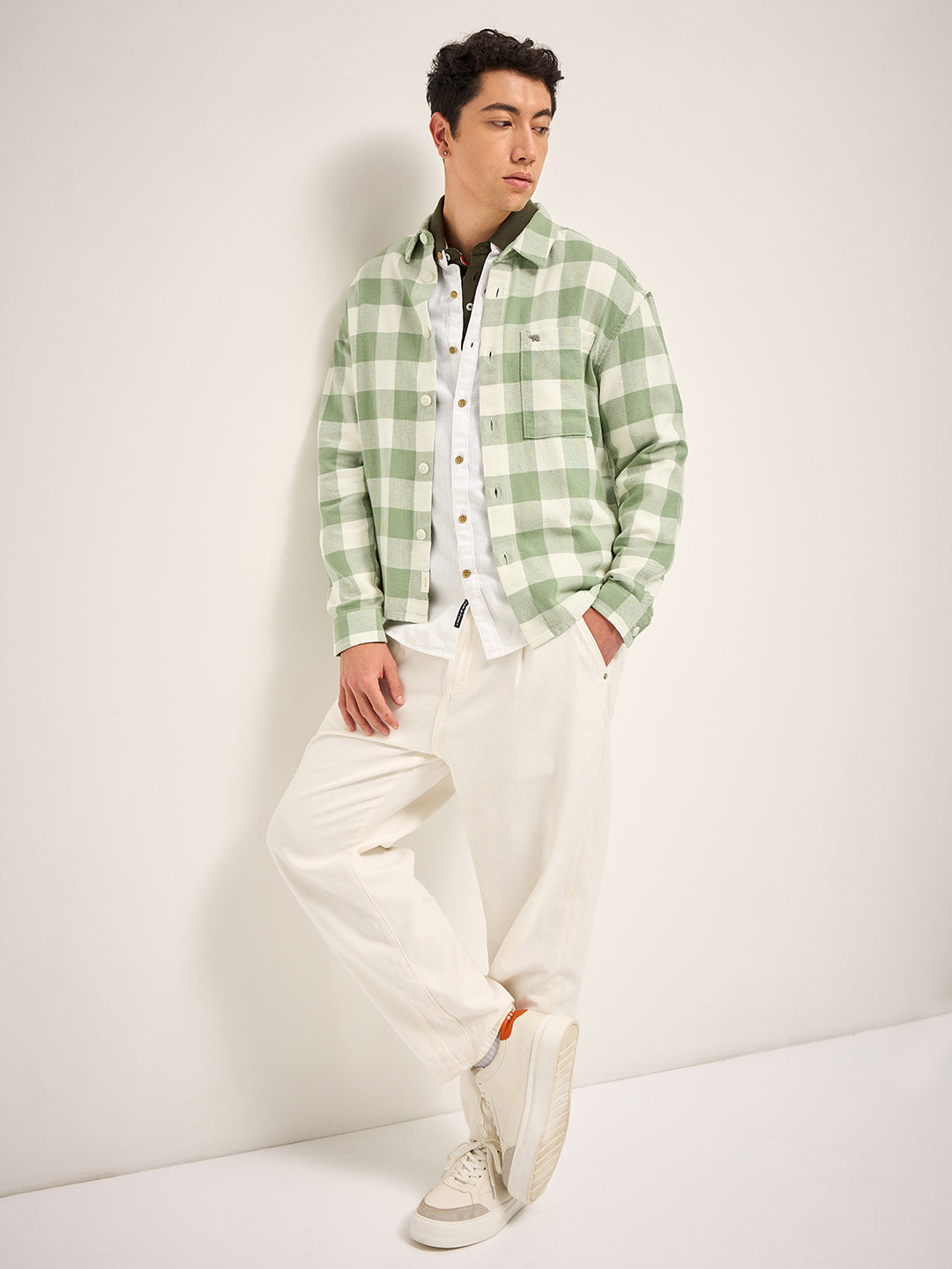 Men Green Checked Relaxed Fit Shacket