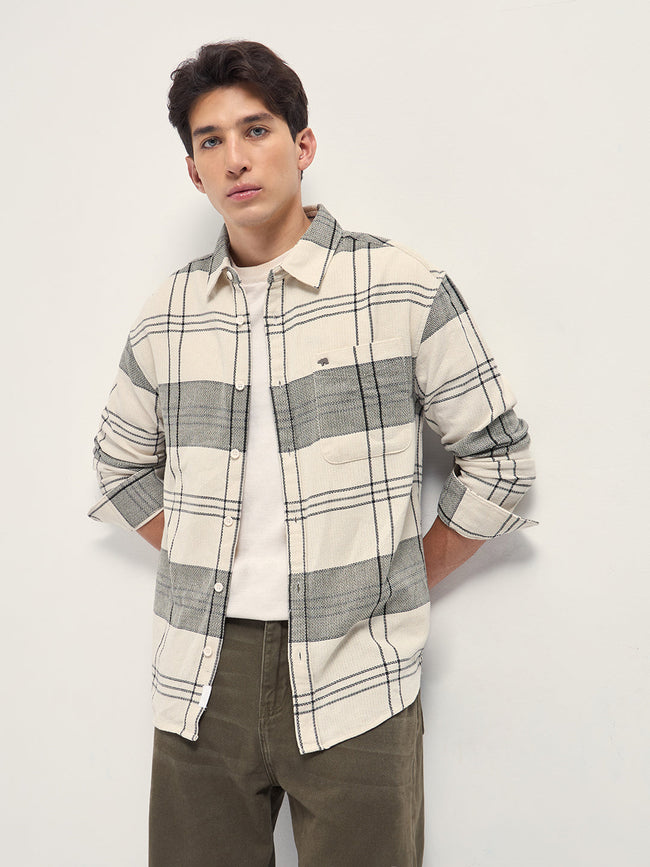 Men Cream Checked Woven Relaxed Fit Casual Shirt