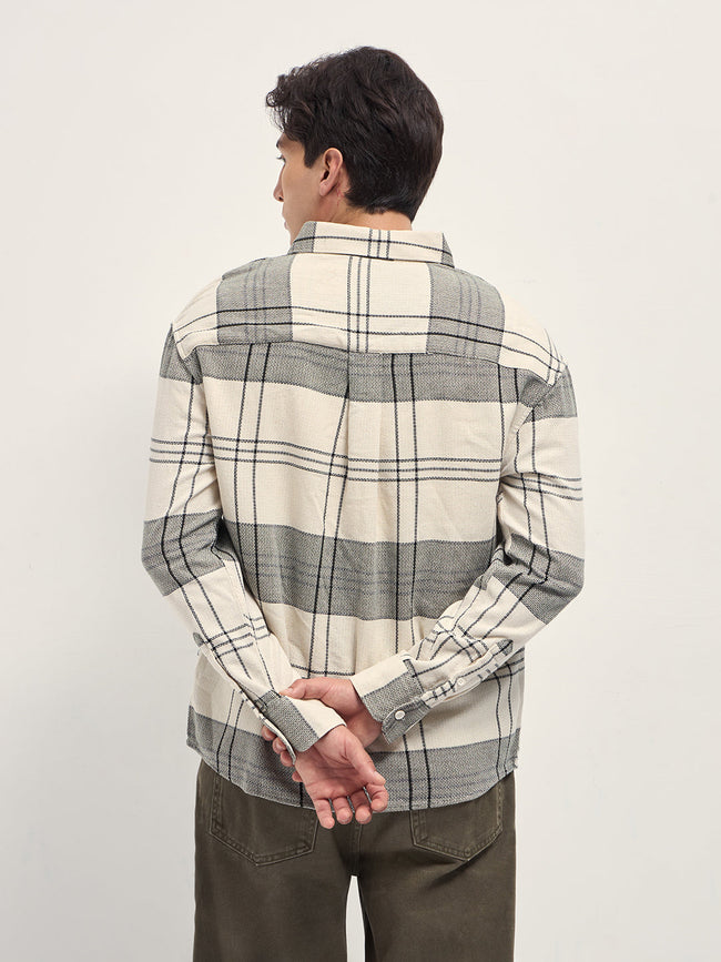 Men Cream Checked Woven Relaxed Fit Casual Shirt