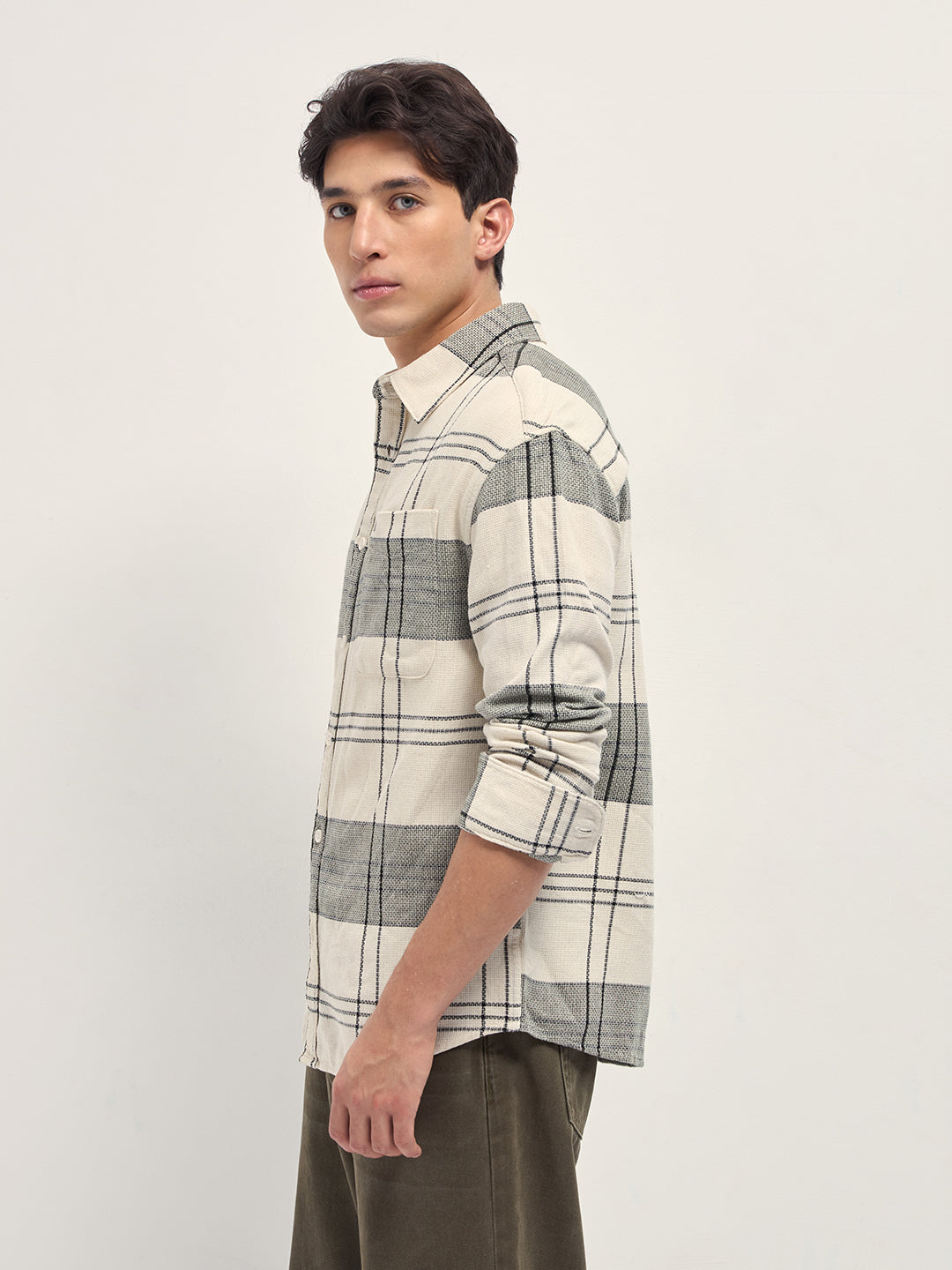 Men Cream Checked Woven Relaxed Fit Casual Shirt