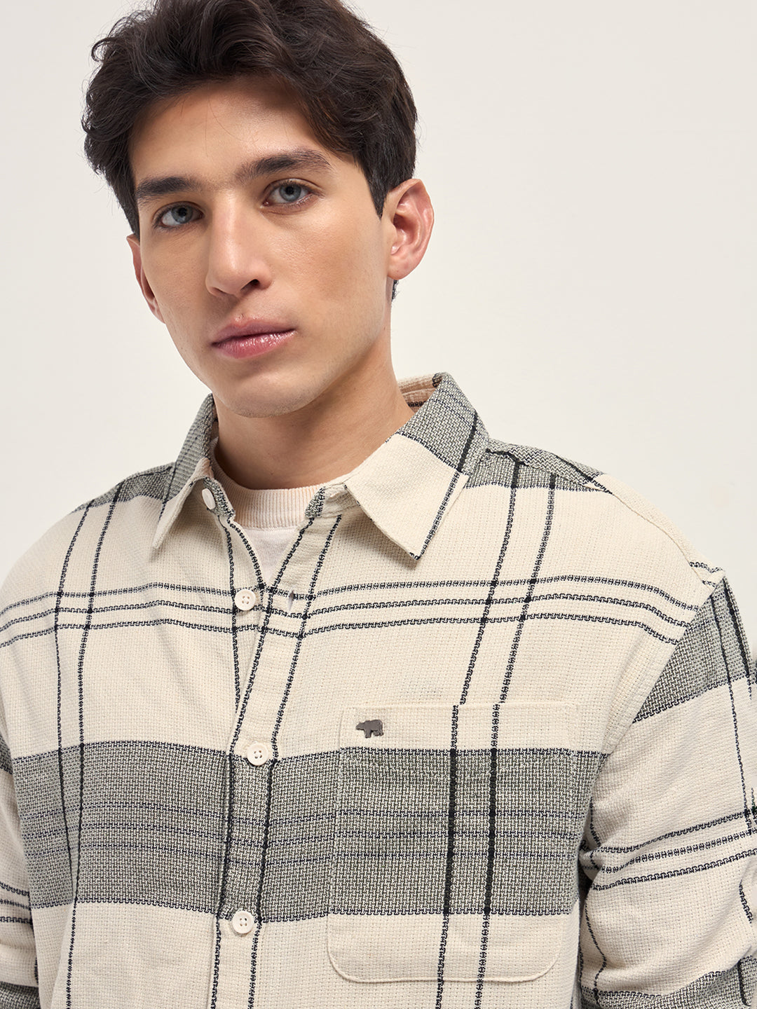 Men Cream Checked Woven Relaxed Fit Casual Shirt