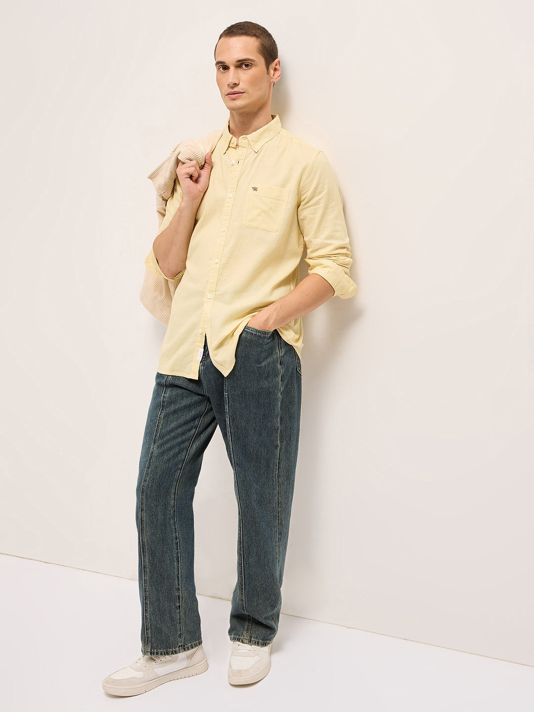 Men Yellow Cotton Linen Solid Slim Fit Casual Shirt