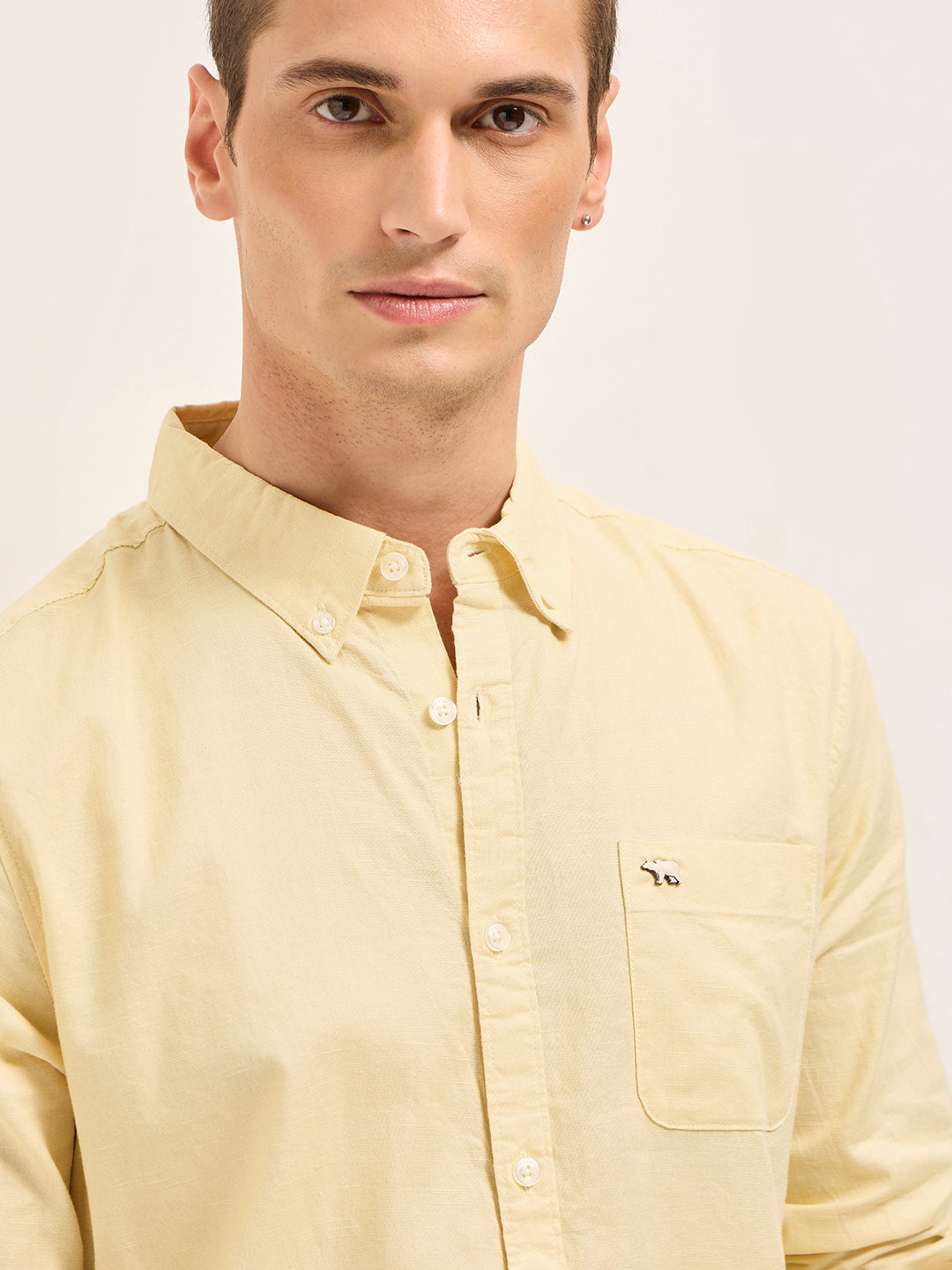 Men Yellow Cotton Linen Solid Slim Fit Casual Shirt