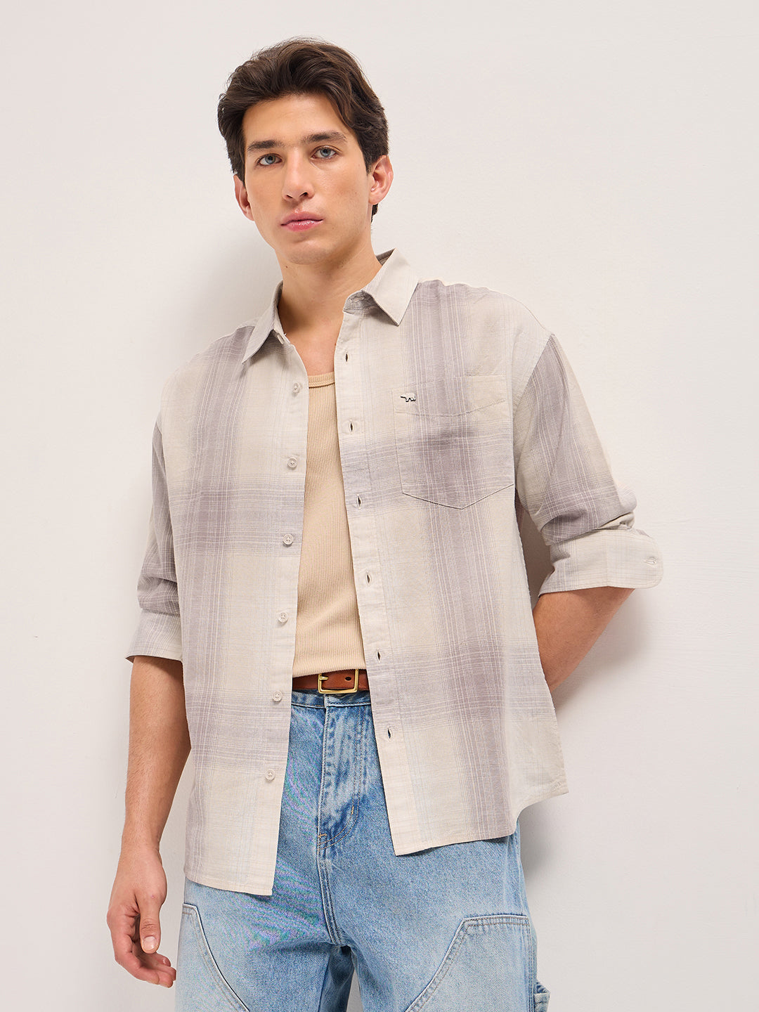 Men Pink and Cream Checkered Relaxed Fit Casual Shirt