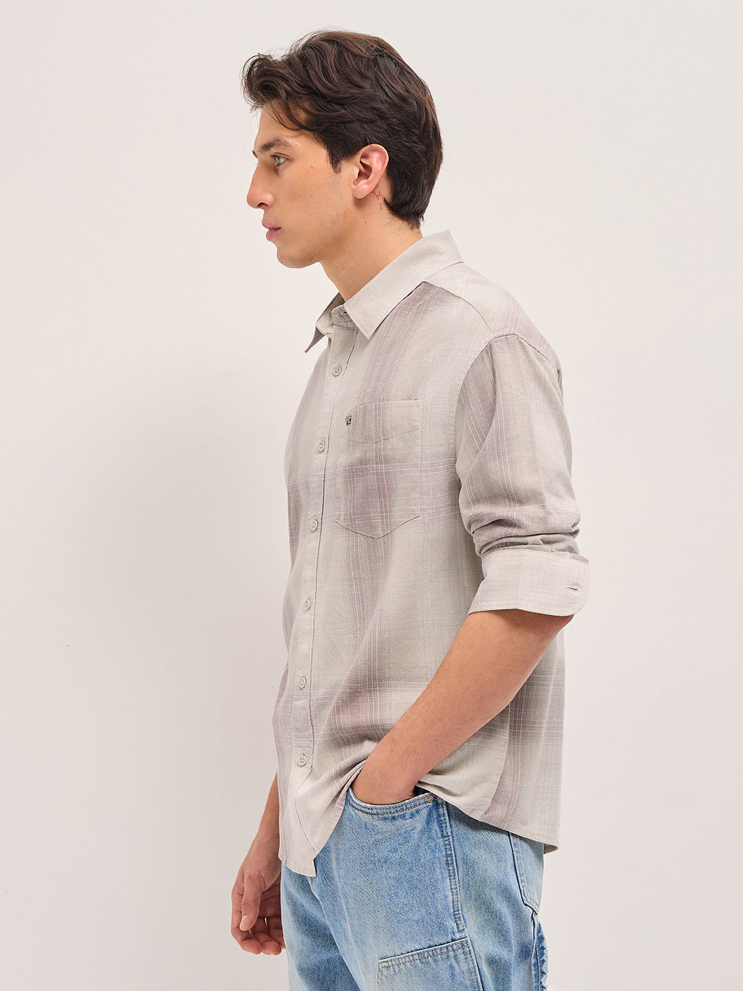 Men Pink and Cream Checkered Relaxed Fit Casual Shirt