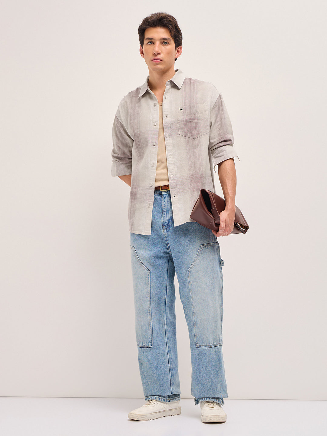 Men Pink and Cream Checkered Relaxed Fit Casual Shirt
