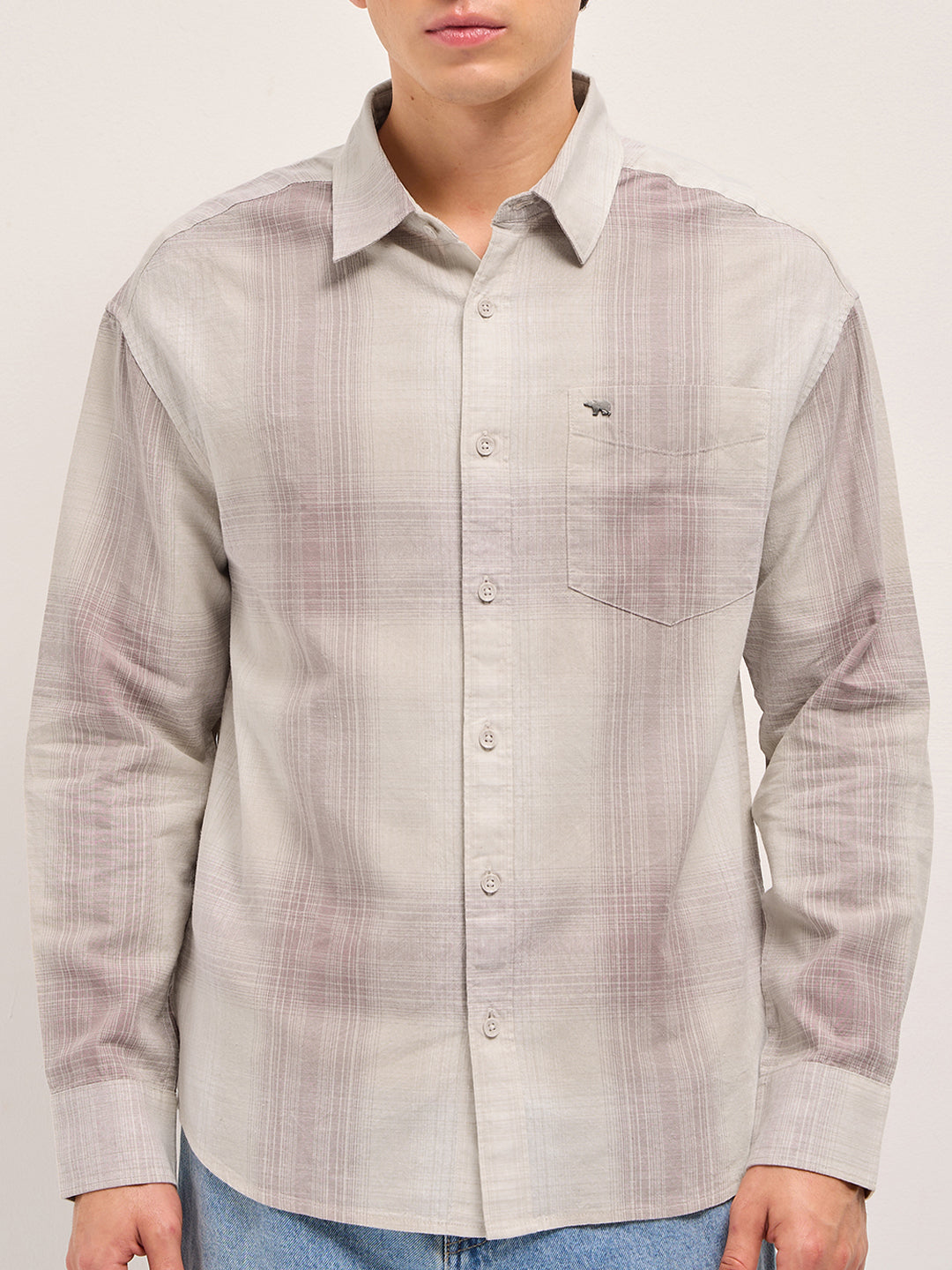 Men Pink and Cream Checkered Relaxed Fit Casual Shirt