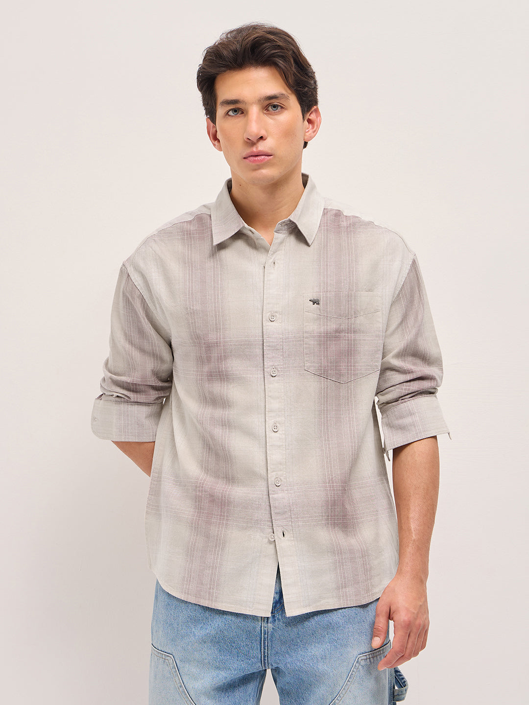 Men Pink and Cream Checkered Relaxed Fit Casual Shirt
