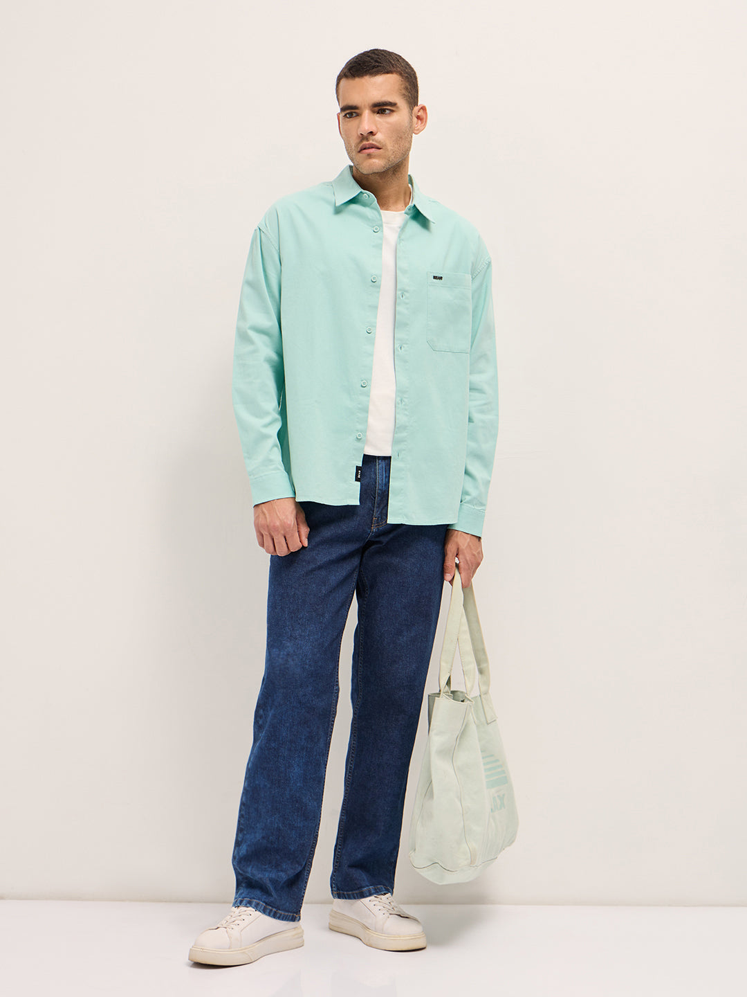 Men Shirt Light Blue Solid Relax Fit Overshirt