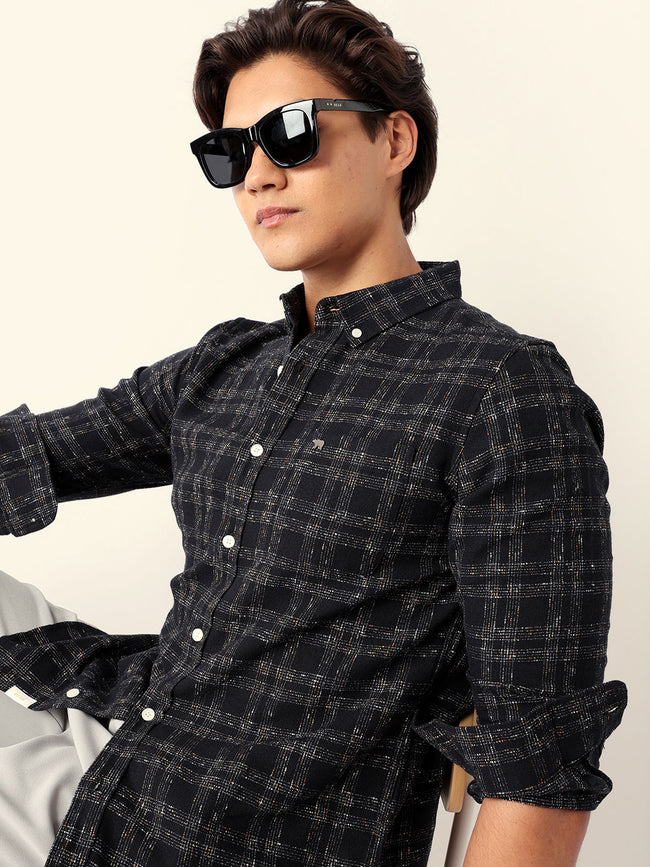 Men Black Cotton Checked Shirt