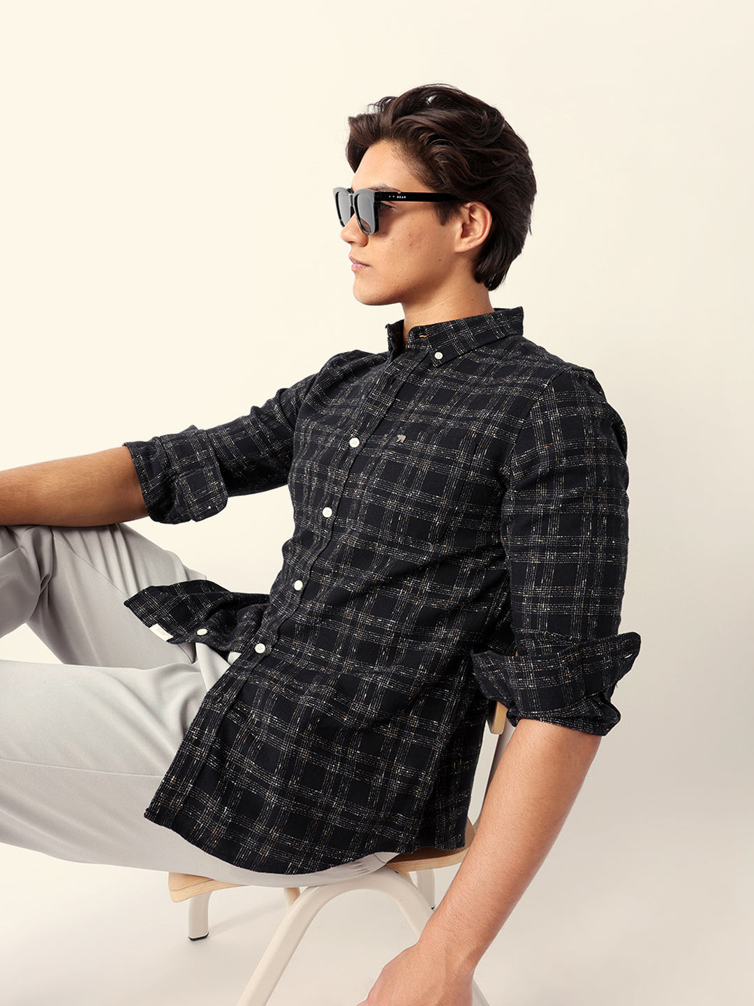 Men Black Cotton Checked Shirt