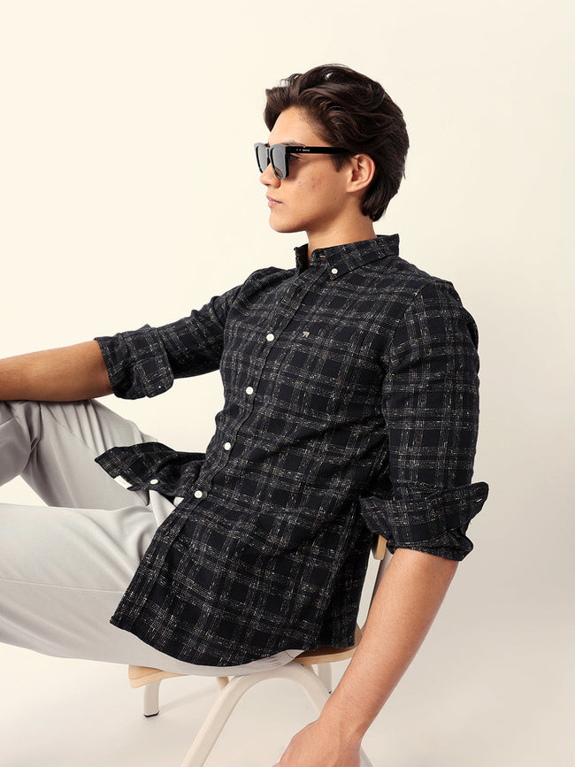 Men Black Cotton Checked Shirt