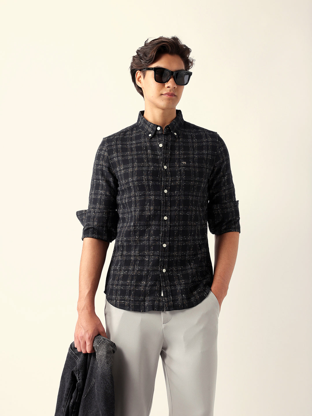 Men Black Cotton Checked Shirt