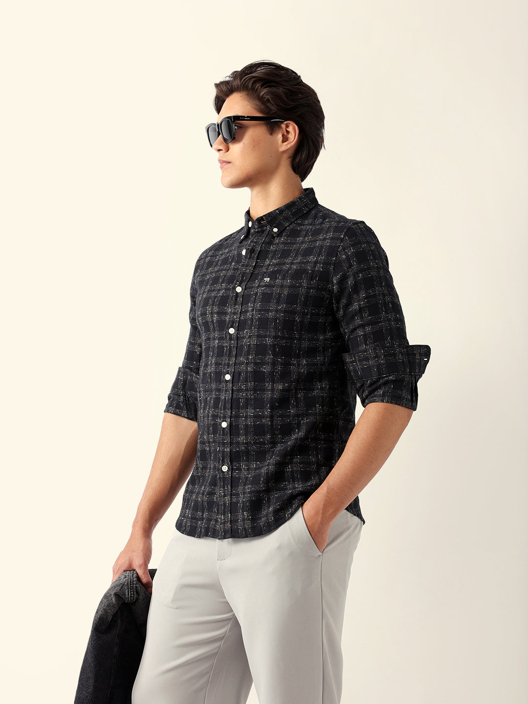 Men Black Cotton Checked Shirt