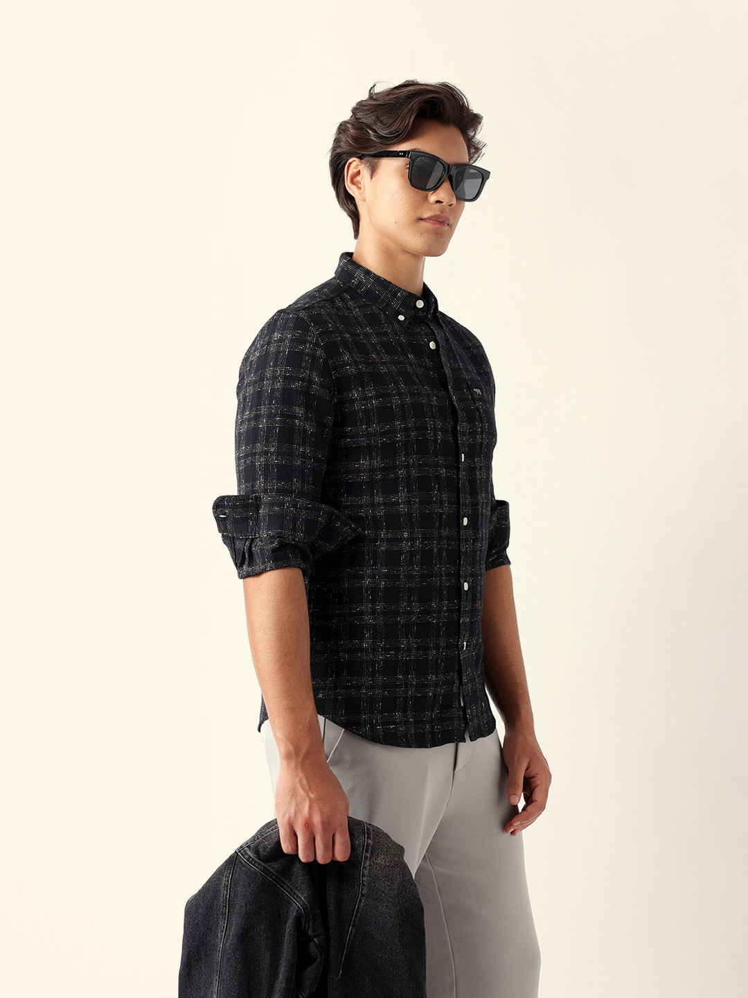 Men Black Cotton Checked Shirt