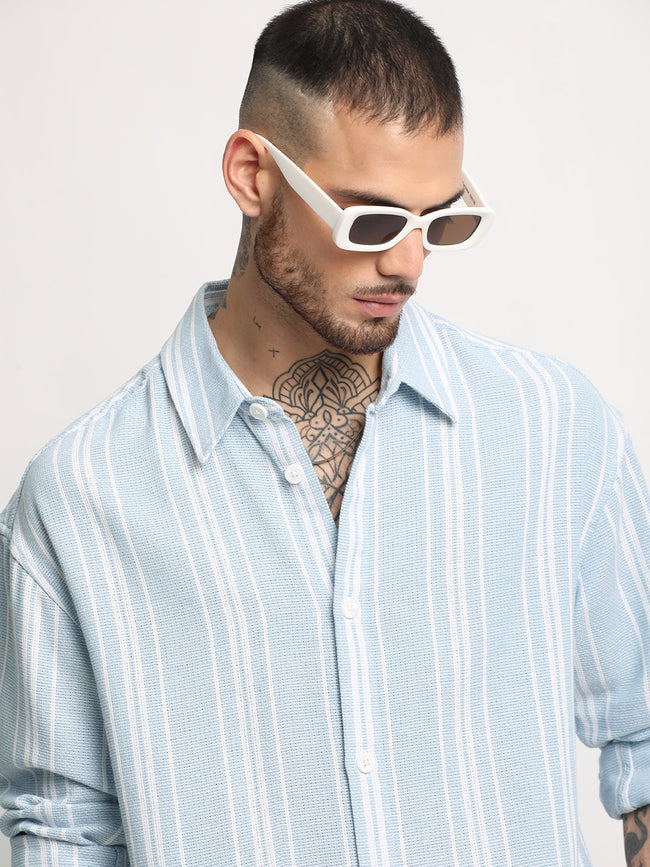 Men  Light Blue Stripe Relax Fit Casual Shirt