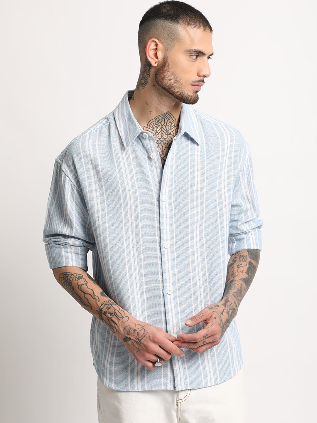 Men  Light Blue Stripe Relax Fit Casual Shirt