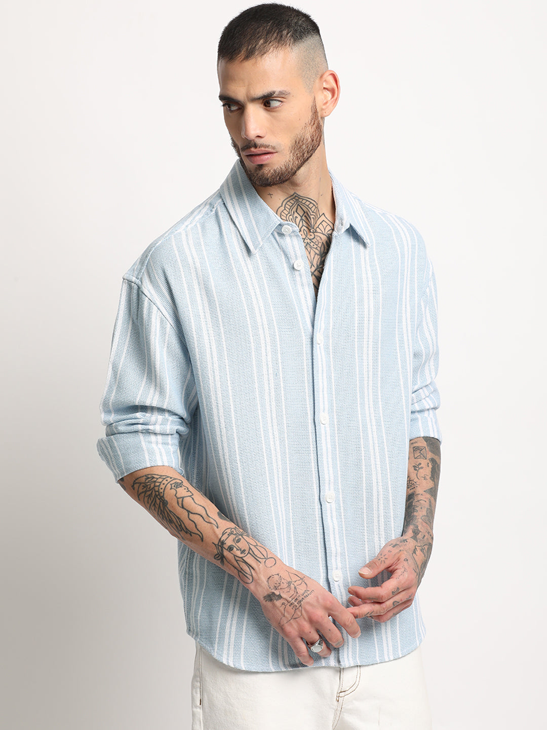 Men  Light Blue Stripe Relax Fit Casual Shirt