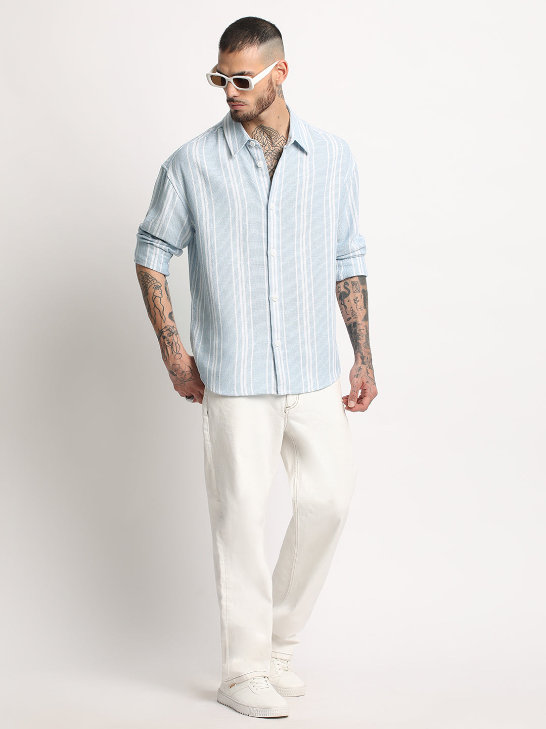Men  Light Blue Stripe Relax Fit Casual Shirt