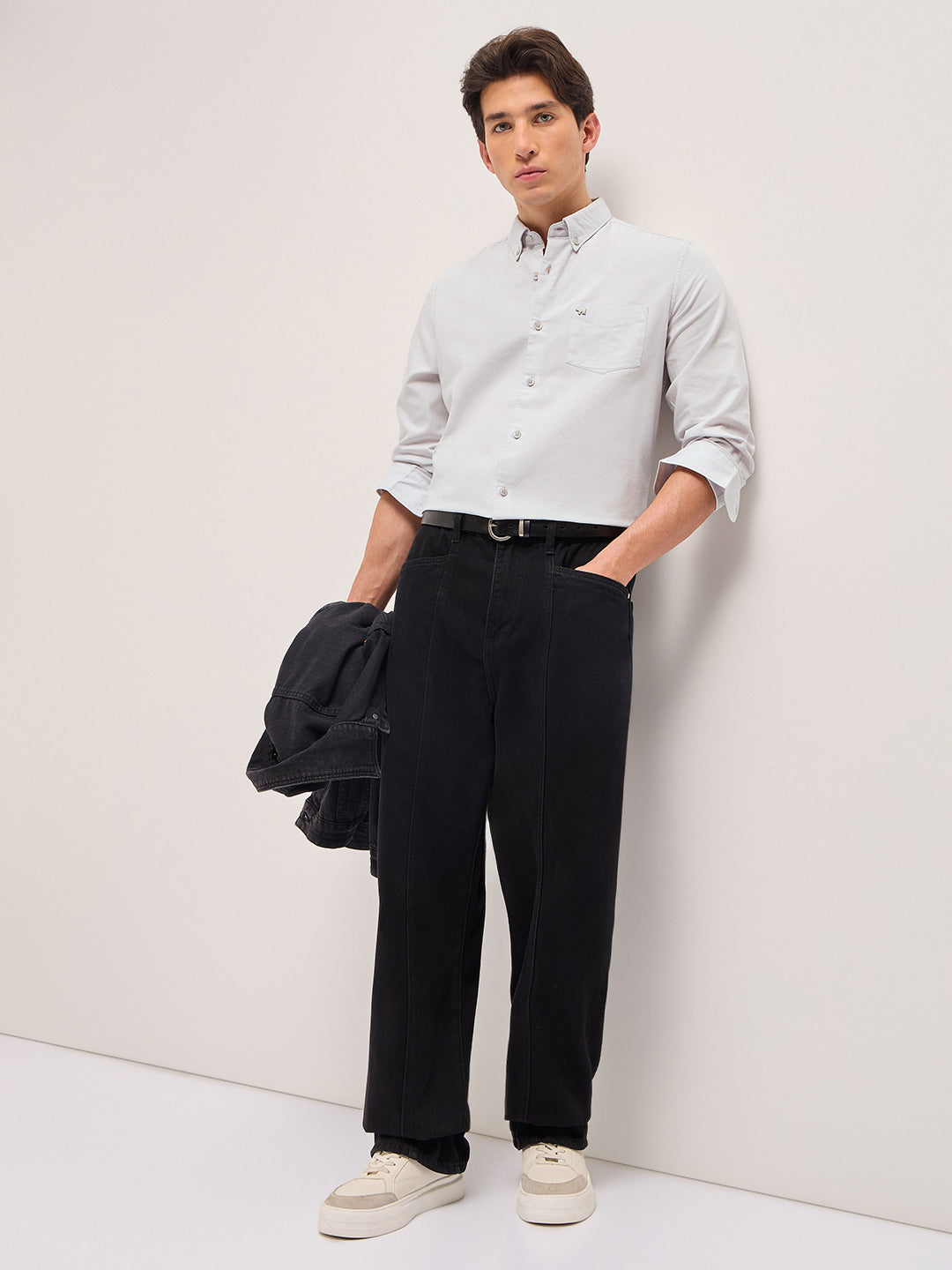 Men Light Grey Solid Slim Fit Casual Shirt