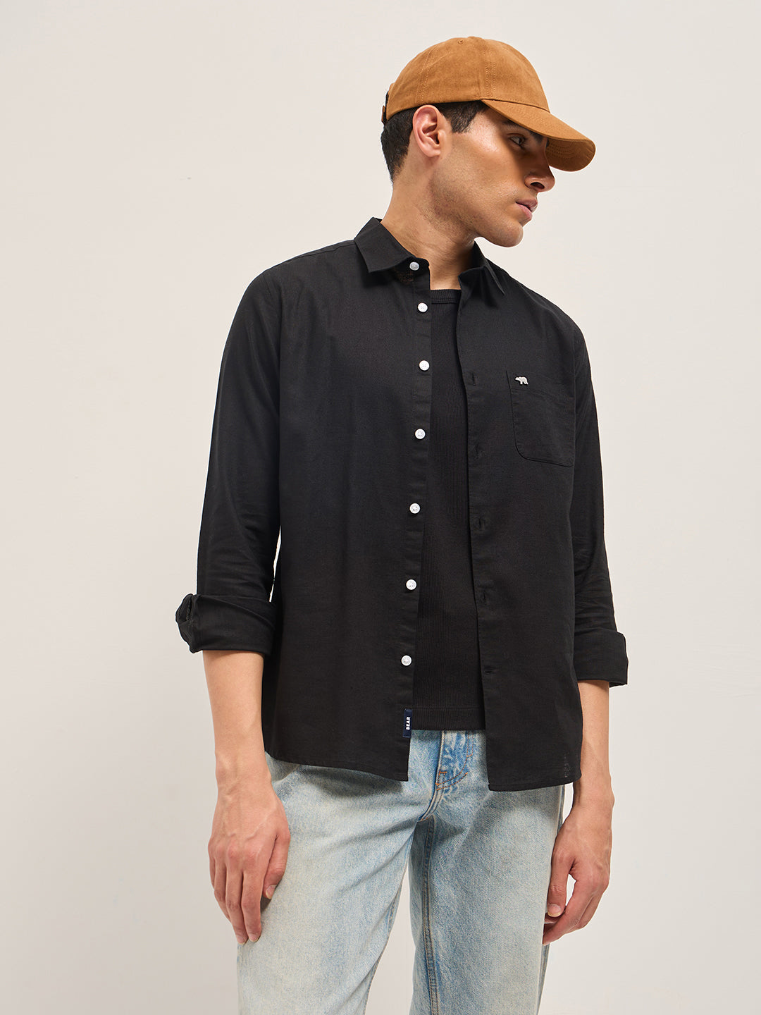 Men Black Cotton Linen Slim Fit Solid Casual Shirt