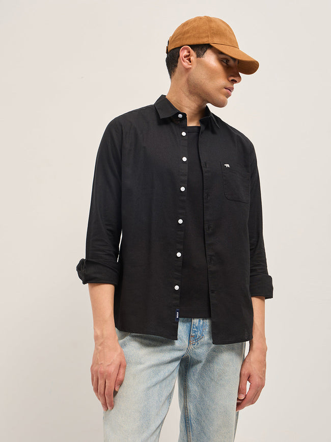 Men Black Cotton Linen Slim Fit Solid Casual Shirt