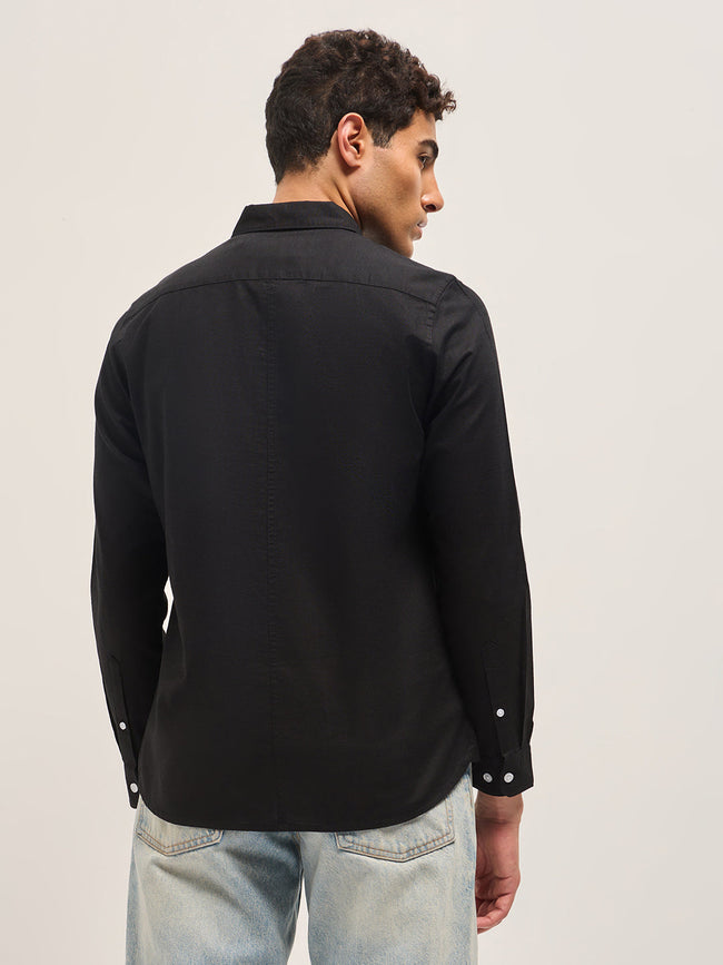 Men Black Cotton Linen Slim Fit Solid Casual Shirt