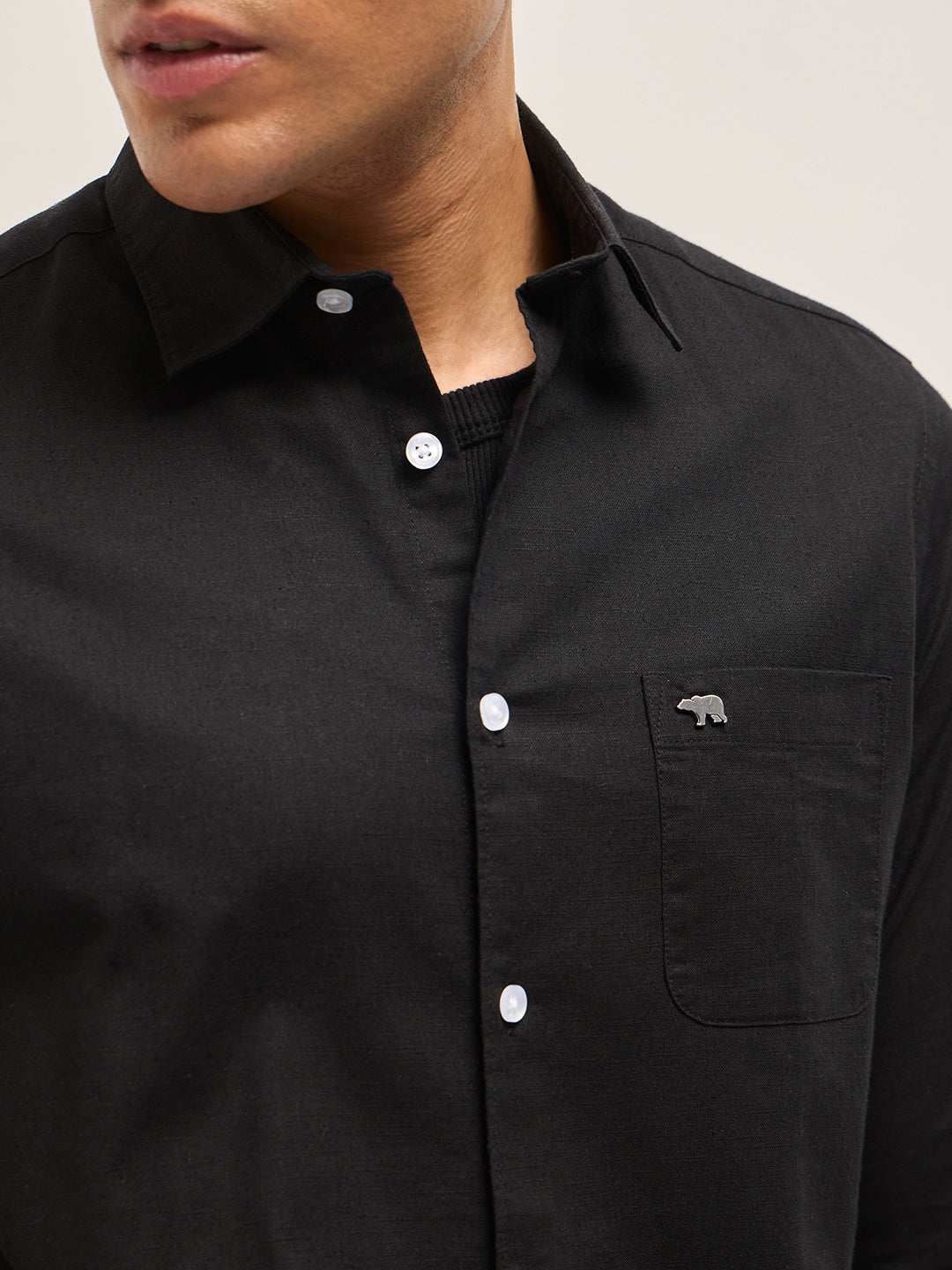 Men Black Cotton Linen Slim Fit Solid Casual Shirt