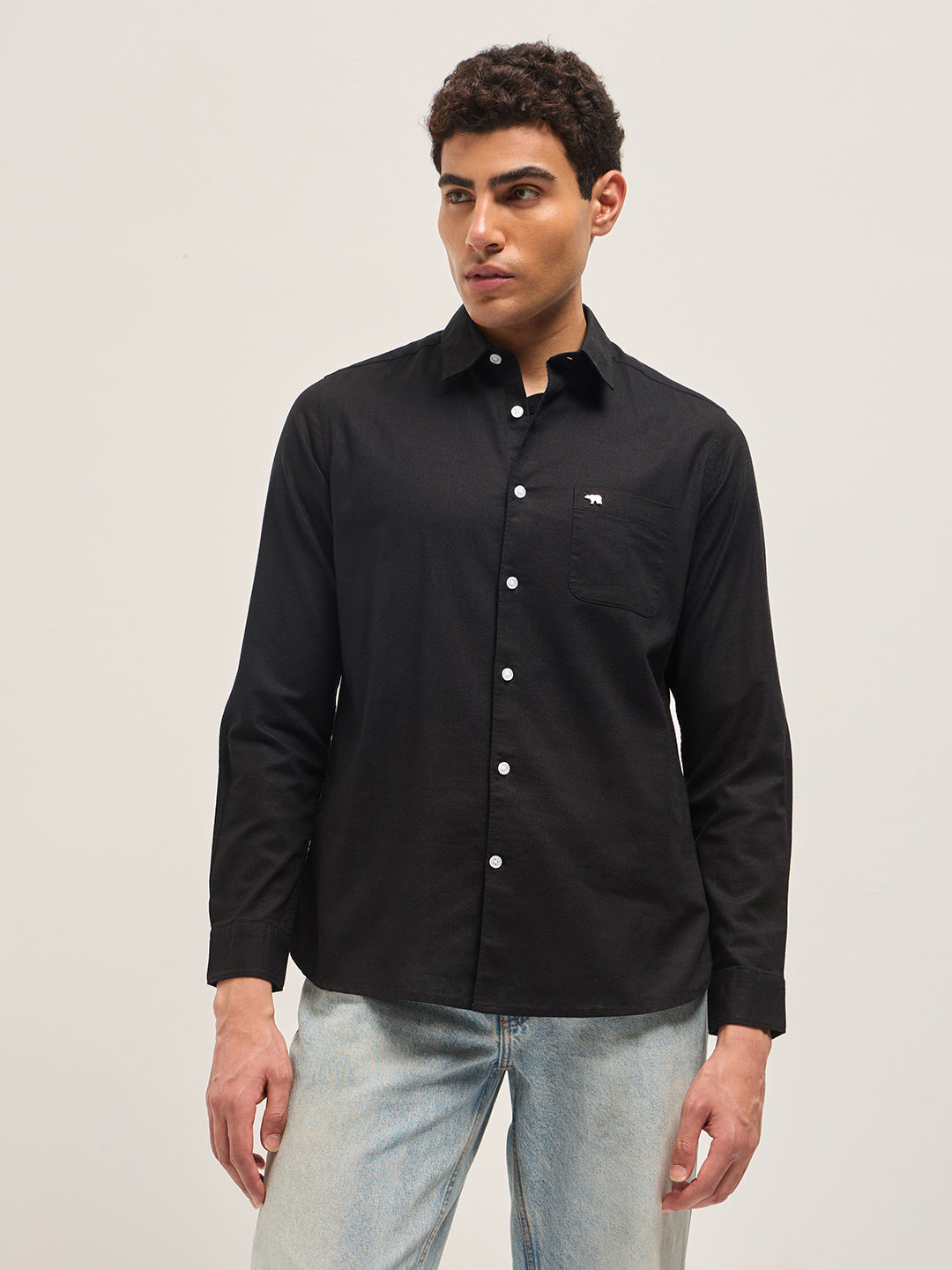 Men Black Cotton Linen Slim Fit Solid Casual Shirt