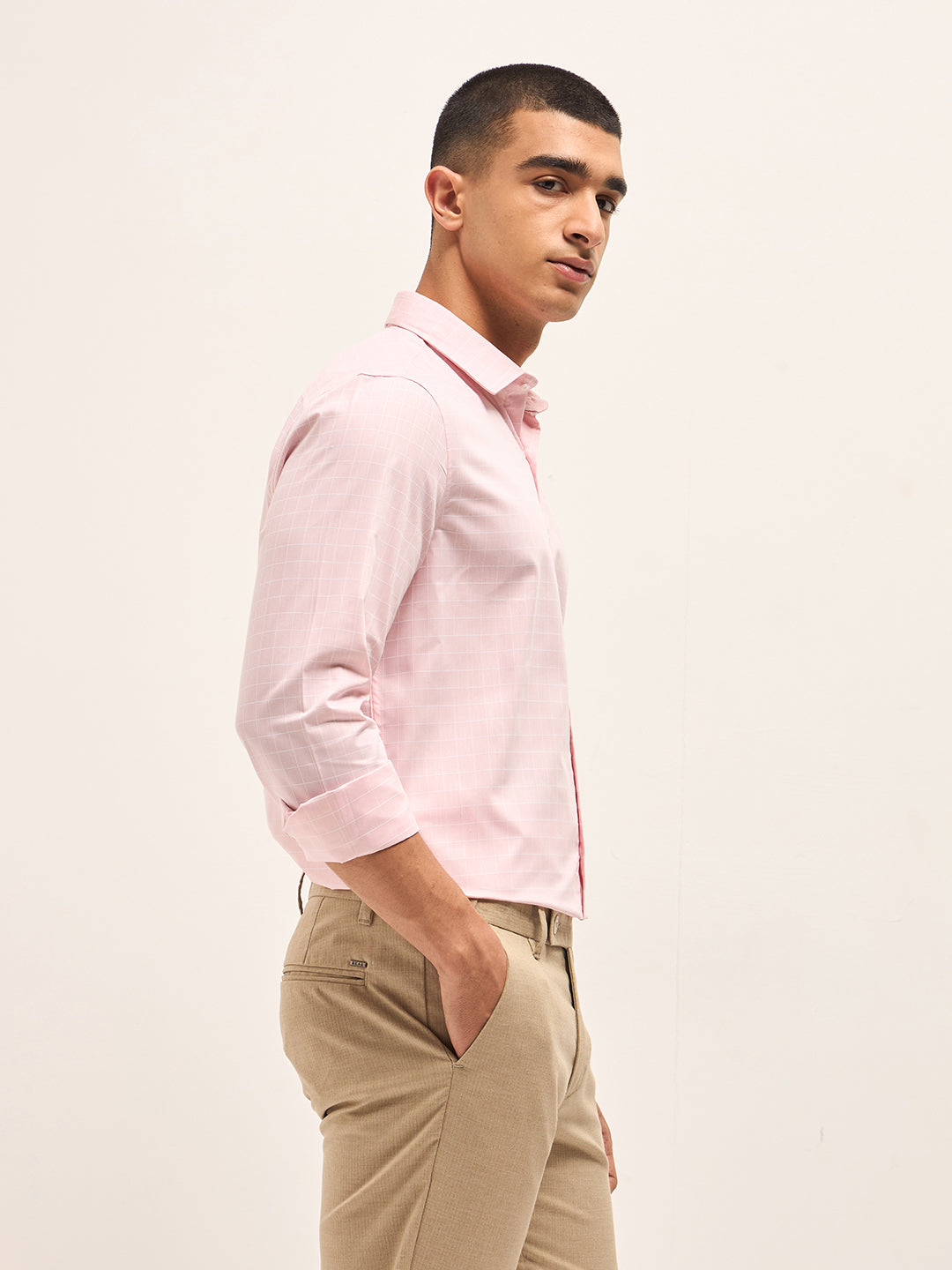 Men Pink Windowpane Checks Tailored Fit Formal Shirt