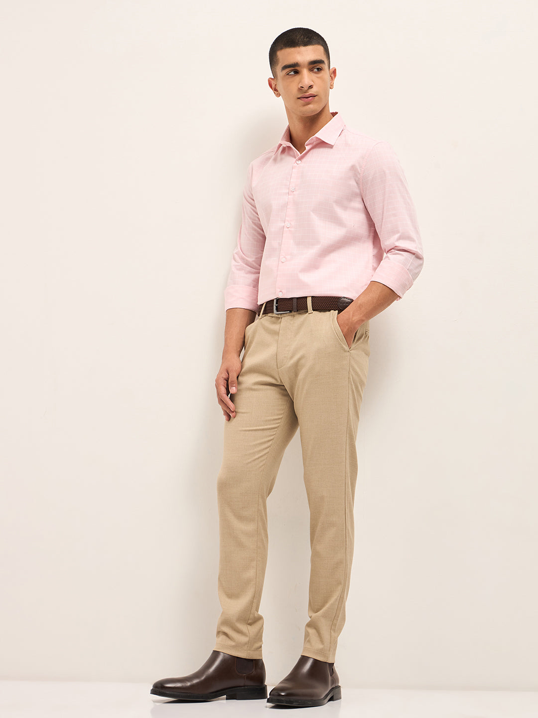Men Pink Windowpane Checks Tailored Fit Formal Shirt
