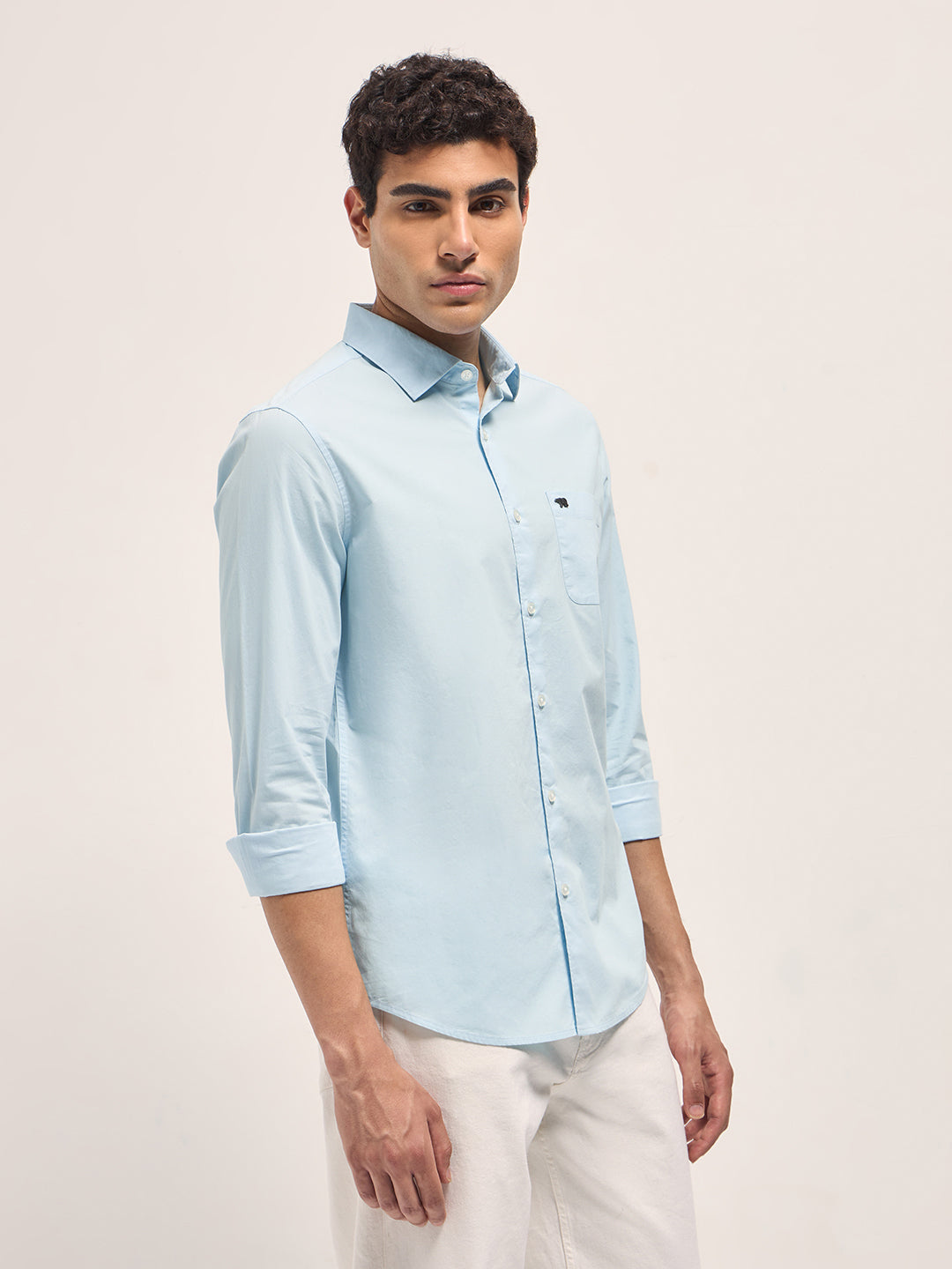 Men Blue Cotton Solid Slim Fit Casual Shirt