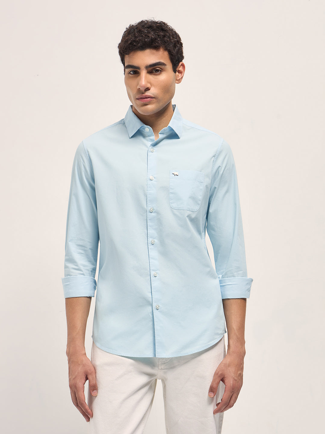 Men Blue Cotton Solid Slim Fit Casual Shirt