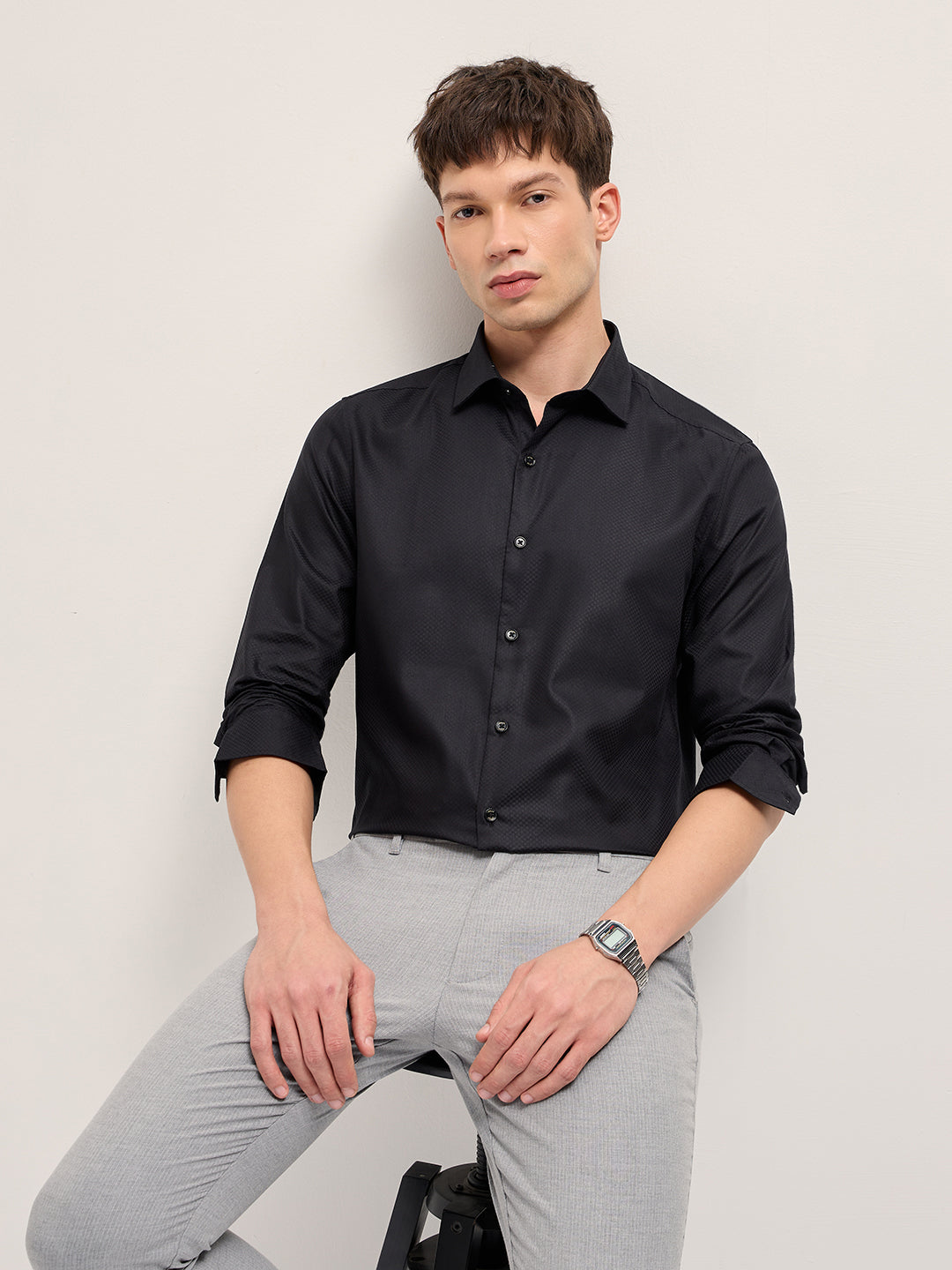 Men Black Woven Design Polyester Blend Tailored Fit Formal Shirt