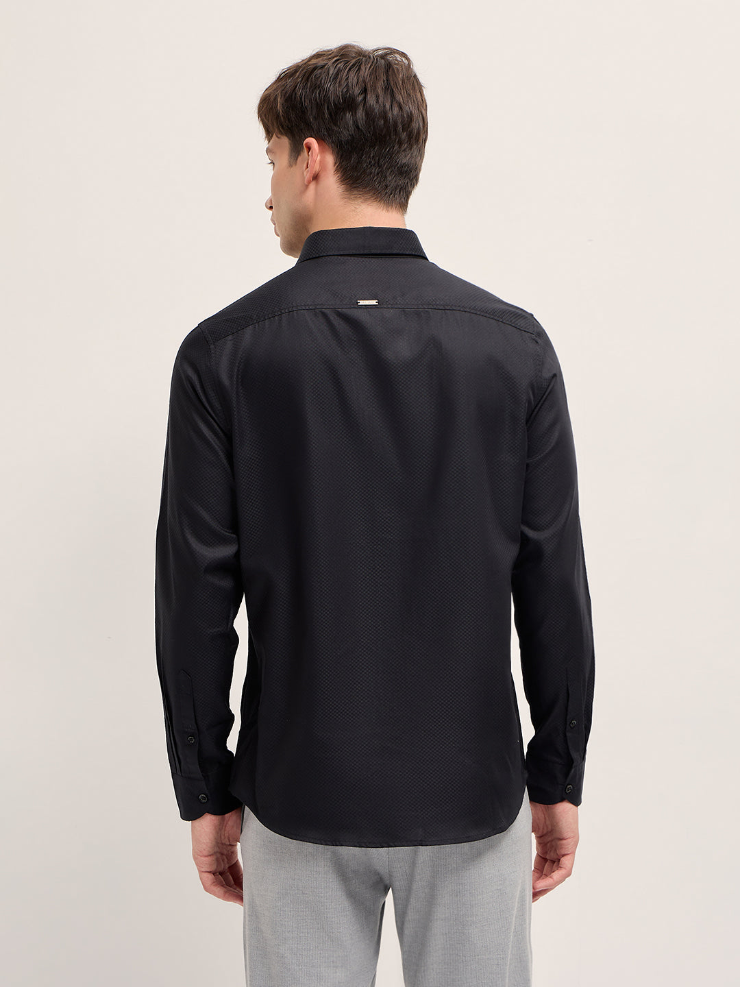 Men Black Woven Design Polyester Blend Tailored Fit Formal Shirt
