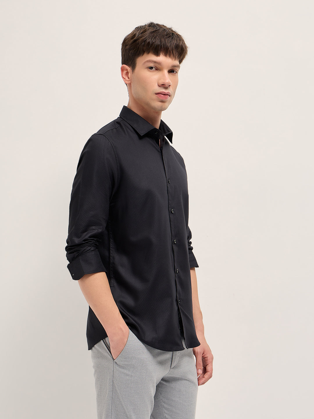 Men Black Woven Design Polyester Blend Tailored Fit Formal Shirt