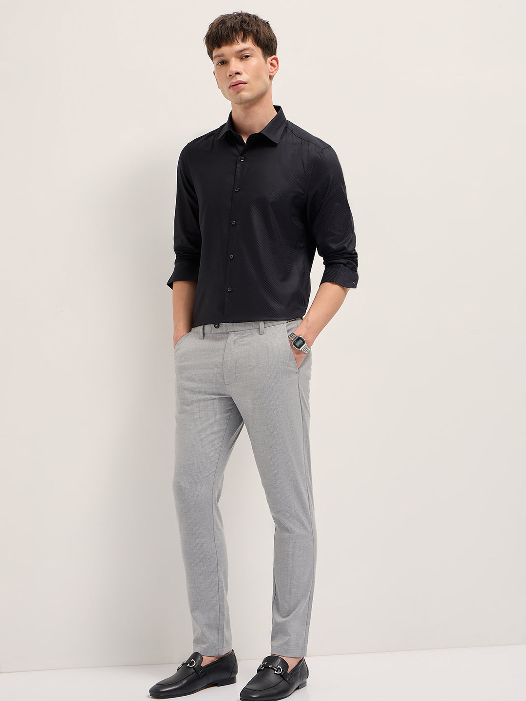 Men Black Woven Design Polyester Blend Tailored Fit Formal Shirt